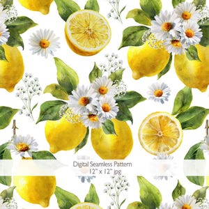 Mediterranean Lemon Seamless Design, Cottagecore Daisy Digital Background, Farmhouse Citrus Floral Print