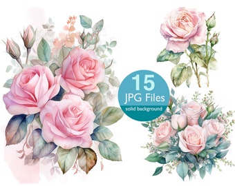 Watercolor Pink Rose Clipart: Floral Bouquet (JPG Files)