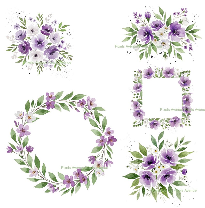 Purple Floral Frame Clip Art: Watercolor Flower Wreath PNG (digital ...