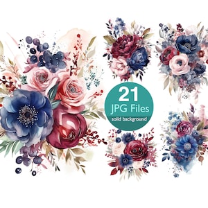 Marineblauwe en rode clip art, JPG blauwe rozen, bloem aquarel clipart, bloemen bruiloft uitnodiging, planner, sticker junk journal
