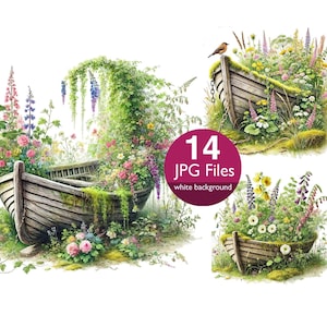 Imágenes prediseñadas de acuarela de barco cubierto de musgo, imágenes prediseñadas de barco rústico con flores, flores silvestres, diario basura, uso comercial