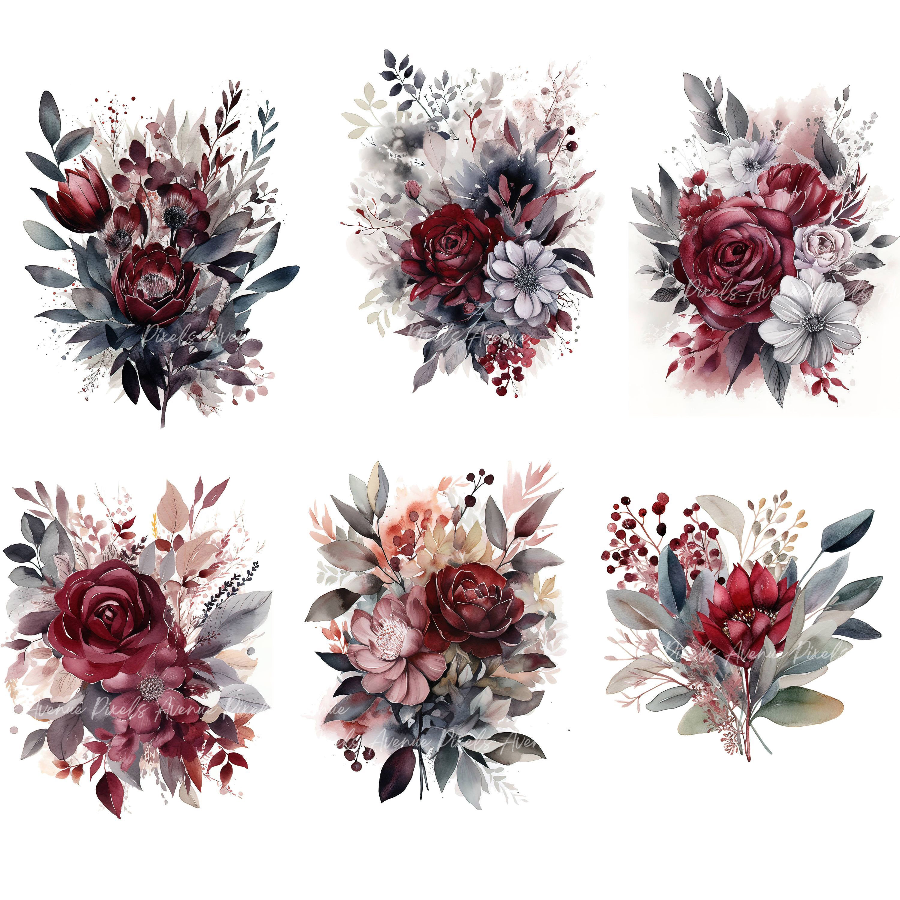 Maroon Floral Watercolor Clipart: Red Roses, Goth Wedding (JPG Files ...