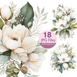 Imágenes prediseñadas de magnolia, JPG blanco azul rosa, imágenes prediseñadas de acuarela de flores, invitación de boda floral, planificador, diario basura con pegatinas, álbumes de recortes