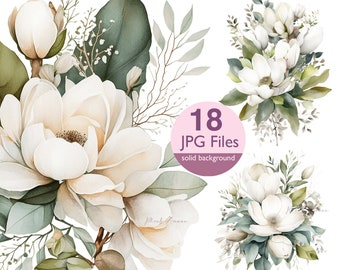 Magnolia Watercolor Clipart: Floral Wedding Invitation Graphics (JPG)