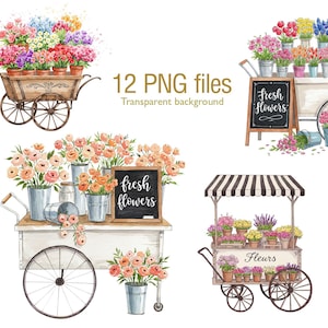 Bloemenkar clipart, PNG-aquarel, lentebloem clipart, vintage bloemenkar, commercieel gebruik, digitale kunst