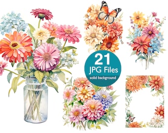 Clipart de zinnia en acuarela: invitación de boda con flores vibrantes (21 archivos JPG)