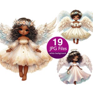 Imágenes prediseñadas de ángel de Navidad, acuarela afroamericana en formato JPG, imágenes prediseñadas de adornos navideños de ángel lindo, alas emplumadas, uso comercial