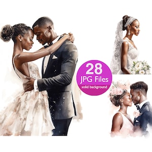 Clip-art de casamento, JPG noiva e noivo afro-americanos, casal negro, clipart em aquarela, planejador, adesivo, diário de lixo eletrônico