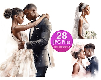 Wedding clip art, JPG African American bride and groom, black couple,  watercolor clipart, planner, sticker, junk journal