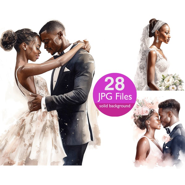 Wedding clip art, JPG African American bride and groom, black couple,  watercolor clipart, planner, sticker, junk journal