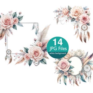 Boho Ros Floral Clip Art, JPG Rosen Rahmen Rahmen, Blumen Aquarell Clipart, Blumen Hochzeitseinladung, Kartenherstellung, Aufkleber Junk Journal