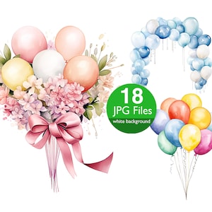 Ballon illustraties, JPG aquarel Party ballonnen met bloem clipart, papier ambachten, uitnodiging, planner, sticker junk dagboek