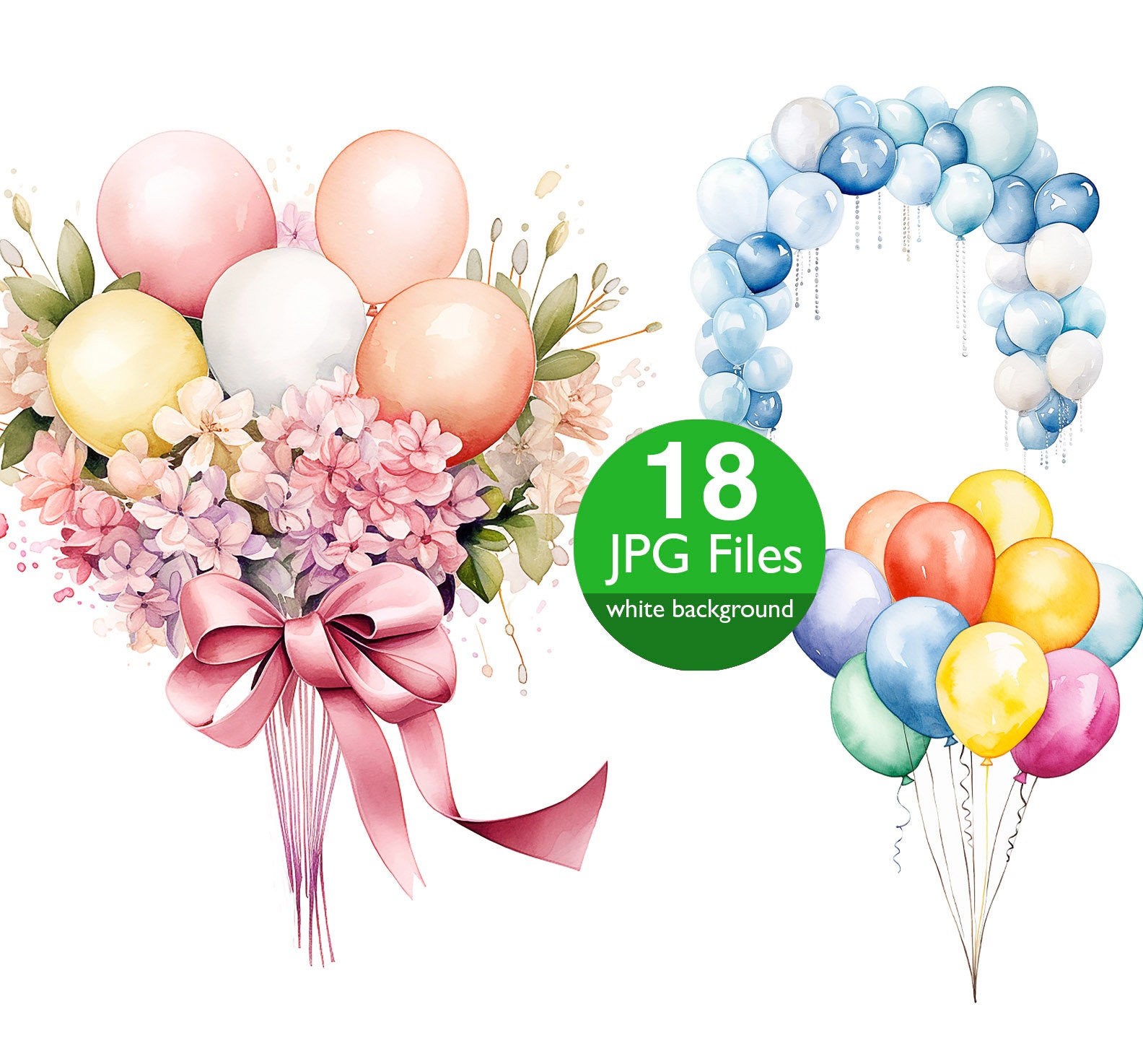 Watercolor Balloon Clipart: Flower Party Designs (JPG Files) - Etsy, image size:1584x1474