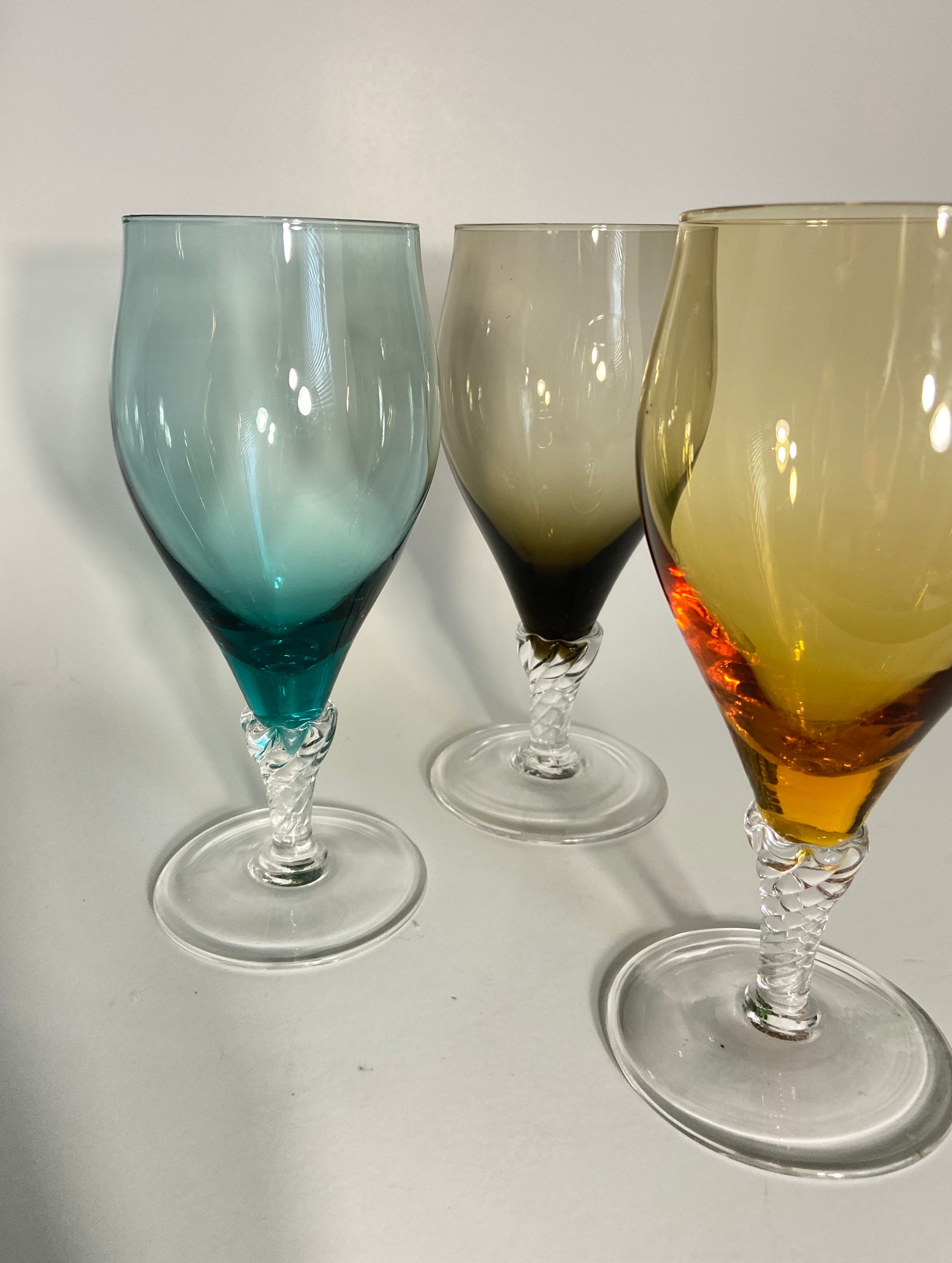 Coloured bubble stem glass wine glasses set of three. Teal Etsy