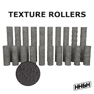 Puede incluir: Un conjunto de 13 rodillos texturizados grises para crear diferentes patrones en paredes u otras superficies. Los rodillos están dispuestos en una fila, con el texto "TEXTURE ROLLERS" encima. El nombre de la marca "HH&H" es visible en la esquina inferior derecha.