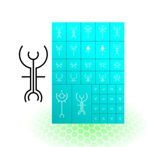 May include: A grid of 36 white line drawings on a turquoise background. The drawings are abstract and geometric, featuring circles, lines, and curves. Some of the drawings resemble stylized flowers, stars, or other natural shapes.