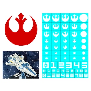 May include: A sheet of white Rebel Alliance symbols on a blue background. The sheet includes a variety of sizes of the symbol, as well as a row of numbers 0-9. The sheet is perfect for use in model building or other crafts.