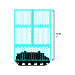 May include: A black military vehicle with a camouflage pattern of white hexagons on a turquoise background. The vehicle is 17.8 cm tall.