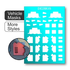 May include: A turquoise blue stencil sheet with the word "DEIMOS" at the top. The stencil sheet contains various shapes and sizes of vehicle masks for model building.