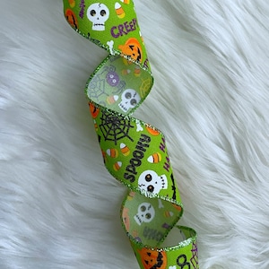 Green Halloween Wired Ribbon, Pumpkin Wired Ribbon, Skull Ribbon, Spooky, Bows, Home Decor, Gift Baskets,  1.5&quot; Wide, 1 YARD