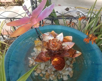 Water lily/ lotus copper bird bath fountain with dragonfly... can be used with a solar pump