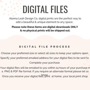 May include: Digital file information for printable designs. The text reads "Digital Files" and "Digital File Process". The text explains that the items are digital downloads only and no physical prints will be shipped out. The text also explains how to choose a size, specify an email address, and complete the purchase.