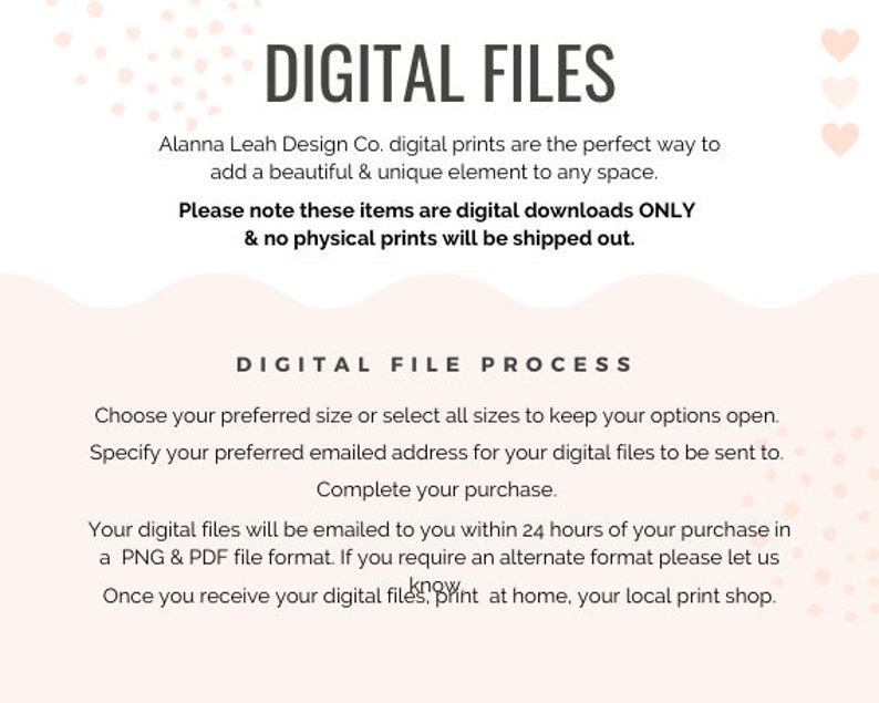 May include: Digital file information for printable designs. The text reads "Digital Files" and "Digital File Process". The text explains that the items are digital downloads only and no physical prints will be shipped out. The text also explains how to choose a size, specify an email address, and complete the purchase.
