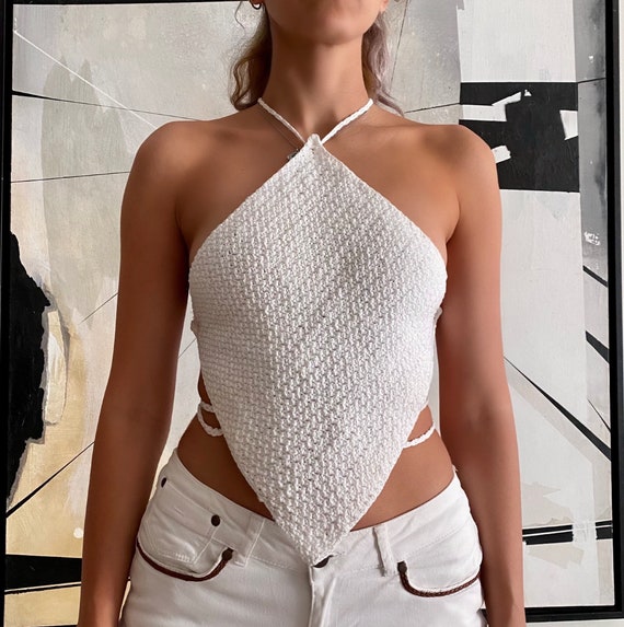 Blanc Halter Neck Crochet Top Diamond Crop Top Backless Tie - Etsy Canada
