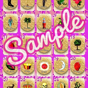 Digital Loteria Board for Online Use with 25 characters, pink and gold