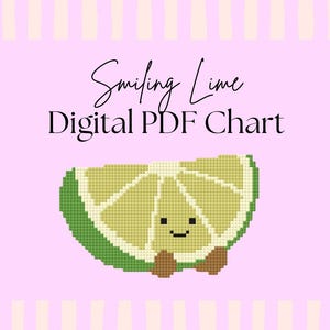 Puede incluir: Un gráfico PDF digital que presenta una rodaja de lima sonriente con una cara linda y pequeños pies marrones. El texto "Smiling Lime Digital PDF Chart" está escrito en una fuente de escritura sobre la lima sobre un fondo rosa.