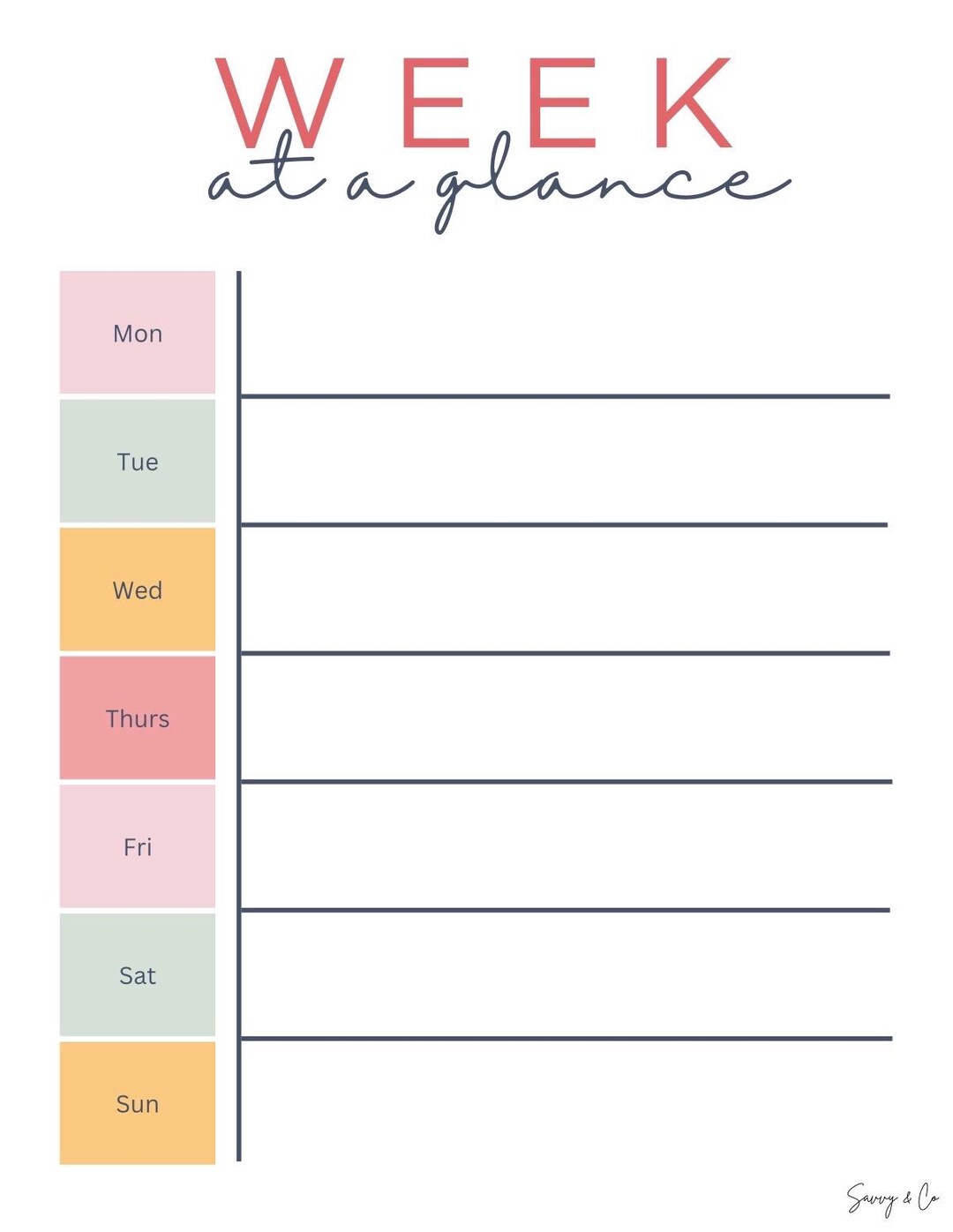 Week at a Glance Planner | Minimal Printable Weekly Schedule (PDF ...