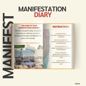 Puede incluir: Diario abierto con el título "Manifestation Diary" en texto negro y rojo. La página izquierda tiene el texto "Welcome to your Manifestation Journey" y la página derecha tiene "Instruction". El diario presenta un collage de imágenes y texto.