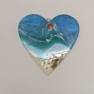 3D Blue Resin Ocean Heart with Sand | Beach Landscape, Ocean Art | Unique, Realistic and Abstract Beach Scene , 2 Turtles; Seashells,Moss.
