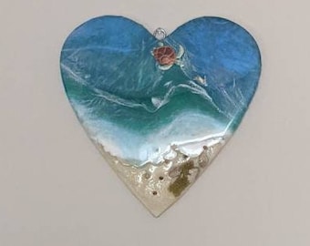 3D Blue Resin Ocean Heart with Sand | Beach Landscape, Ocean Art | Unique, Realistic and Abstract Beach Scene , 2 Turtles; Seashells,Moss.