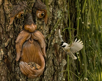 Décoration de jardin de visages d'arbres - Mangeoire à oiseaux Tree Hugger - Art de jardin - cadeau pour papa - décorations d'arbre en plein air - sculpture de jardin - visage magique pour arbre