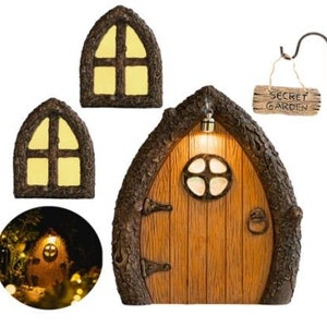 Fairy door with light and windows - Fairy garden accesories- Whimsical decor- Gnome door - Fairy decor- Fairy house