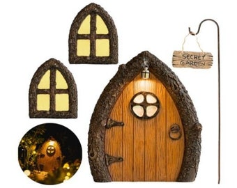 Fairy door with light and windows - Fairy garden accesories- Whimsical decor- Gnome door - Fairy decor- Fairy house