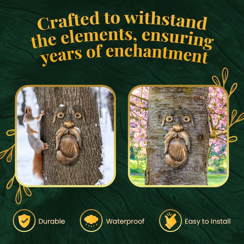 Puede incluir: Se muestran dos esculturas de caras de &aacute;rboles, con ojos, nariz y barba. Una est&aacute; en un &aacute;rbol en un bosque nevado, y la otra en un &aacute;rbol con flores rosas. El texto dice: "Dise&ntilde;ado para resistir los elementos, asegurando a&ntilde;os de encanto."