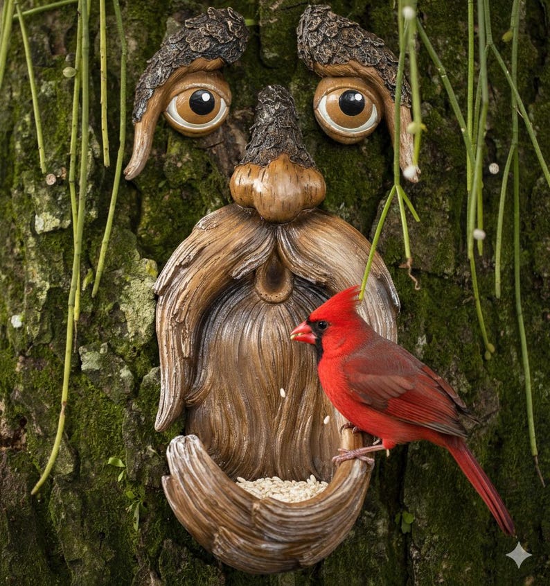 Puede incluir: Un comedero para p&aacute;jaros con forma de cara de &aacute;rbol caprichosa, con una larga barba marr&oacute;n y ojos grandes y expresivos. Un cardenal rojo brillante se posa en el comedero, que est&aacute; lleno de alpiste. El comedero est&aacute; montado en un tronco de &aacute;rbol cubierto de musgo.