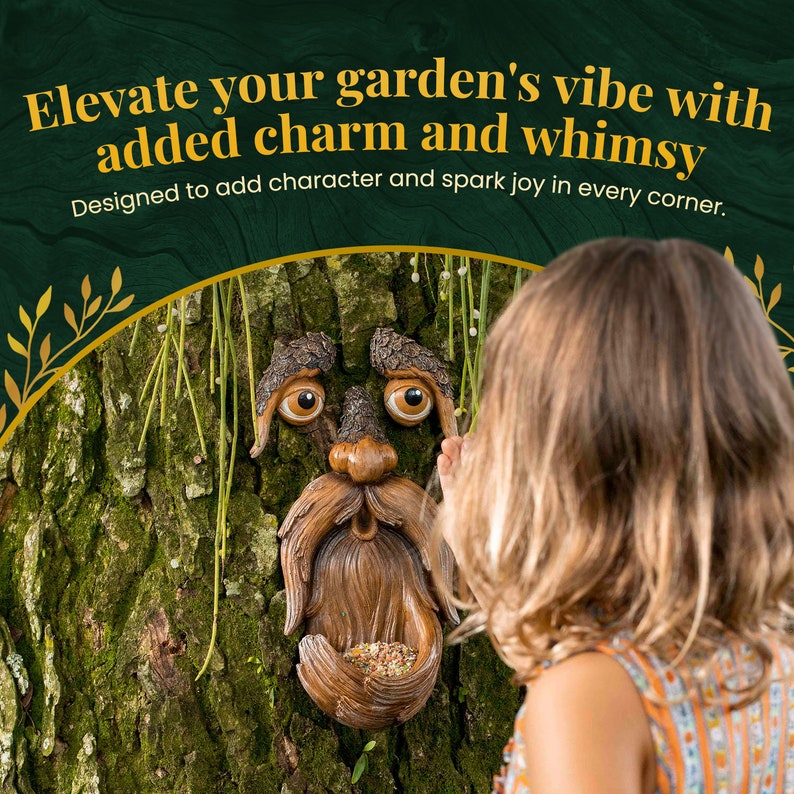 Puede incluir: Un comedero para p&aacute;jaros con forma de cara de &aacute;rbol marr&oacute;n con una larga barba y un cuenco para alpiste. El texto "Elevate your garden's vibe with added charm and whimsy" est&aacute; en la imagen.