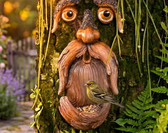 Decoración de exterior con forma de árbol y comedero para pájaros: arte de jardín pintado a mano, regalo único para papá, divertida decoración de jardín, regalo del día del padre.