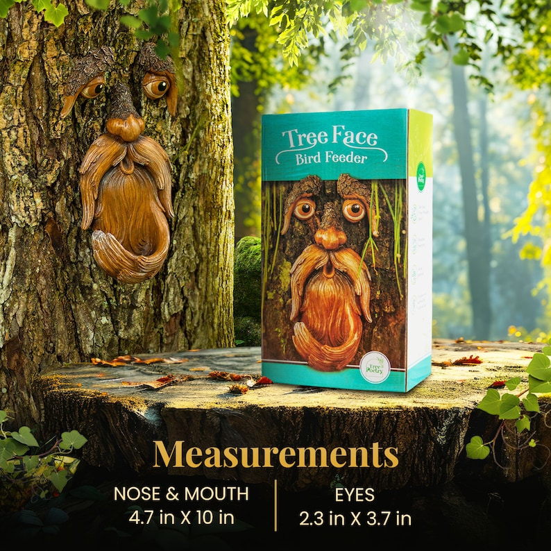Puede incluir: Un comedero para p&aacute;jaros con forma de cara de &aacute;rbol marr&oacute;n con una larga barba y una caja con el texto "Tree Face Bird Feeder". La nariz y la boca miden 12 cm x 25 cm, y los ojos miden 5,8 cm x 9,4 cm.
