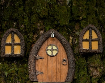 Fairy door with light and windows - Fairy garden accesories- Whimsical decor- Gnome door - Fairy decor- Fairy house
