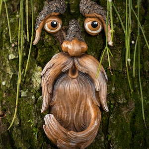 Puede incluir: Una escultura caprichosa de una cara de &aacute;rbol con ojos grandes y expresivos, una nariz y una larga barba fluida. La escultura est&aacute; hecha de un material marr&oacute;n y est&aacute; montada en un tronco de &aacute;rbol cubierto de musgo verde.