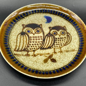 Peut inclure: Assiette ronde en céramique avec un motif de hiboux marron et beige. Deux hiboux sont perchés sur une branche, avec un croissant de lune bleu au-dessus. L'assiette a un bord marron et une bordure bleue pointillée.