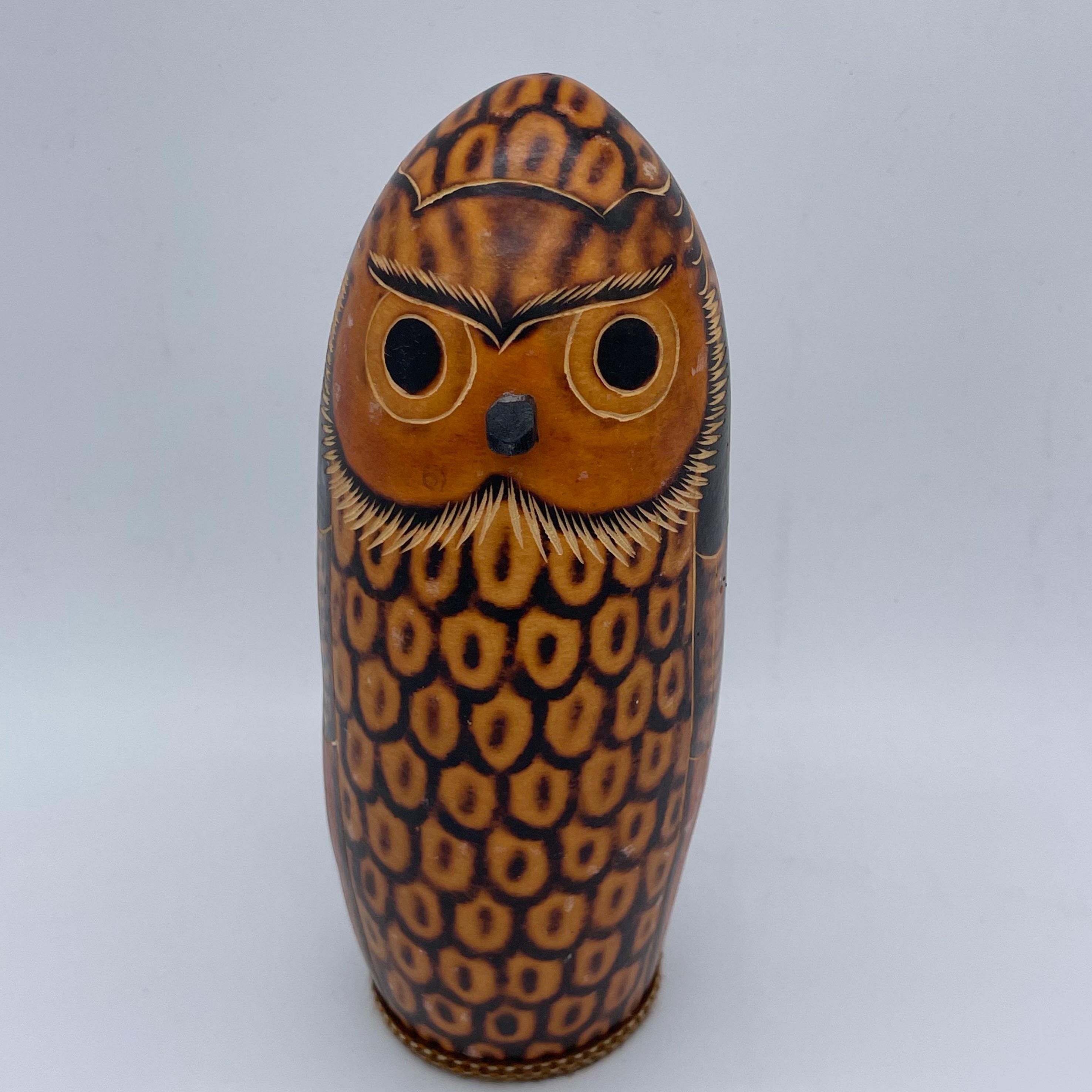 Vintage Handmade Owl Gourd Folk Art Shaker Drum Brown & Black Bird Peru