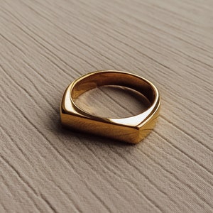 Gold Band Ring, 18k Gold Plated, Stackable Ring, Flat Narrow Signet Ring, Tarnish Resistant & Waterproof *E-08*