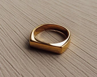 Gold Band Ring, 18k Gold Plated, Stackable Ring, Flat Narrow Signet Ring, Tarnish Resistant & Waterproof *E-08*