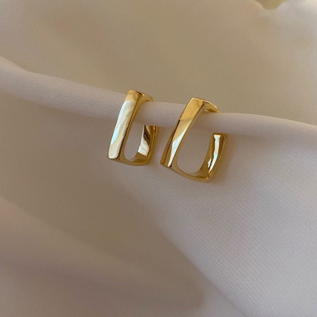 18k Gold Hoop Earrings Medium Size Handmade Geometric Gold Hoops Bold Gold Hoops Square Gold ...