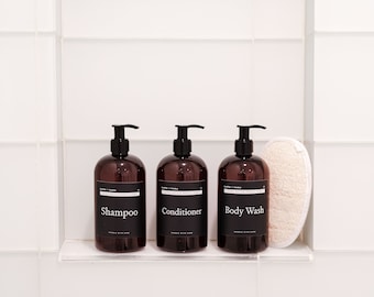 Shampoo, Conditioner Body Wash | Amber Plastic Bottle Soap Dispenser |  3" Label with Bottle | Waterproof/Vinyl Labels Free shipping|